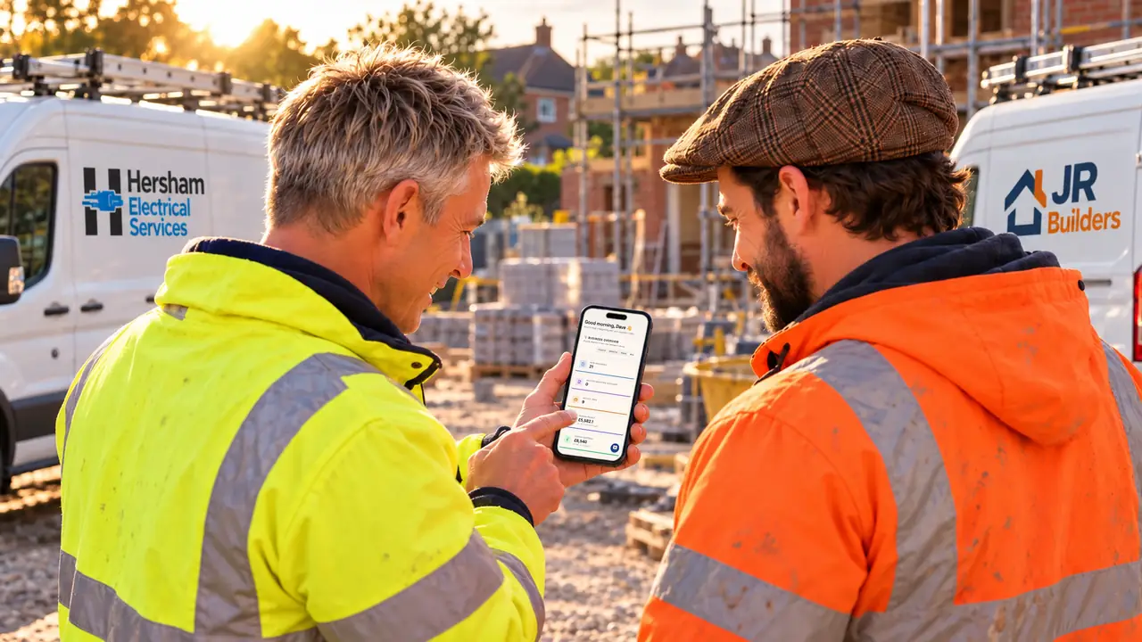 Two tradesmen looking at the YourTradeQuotes dashboard on a phone