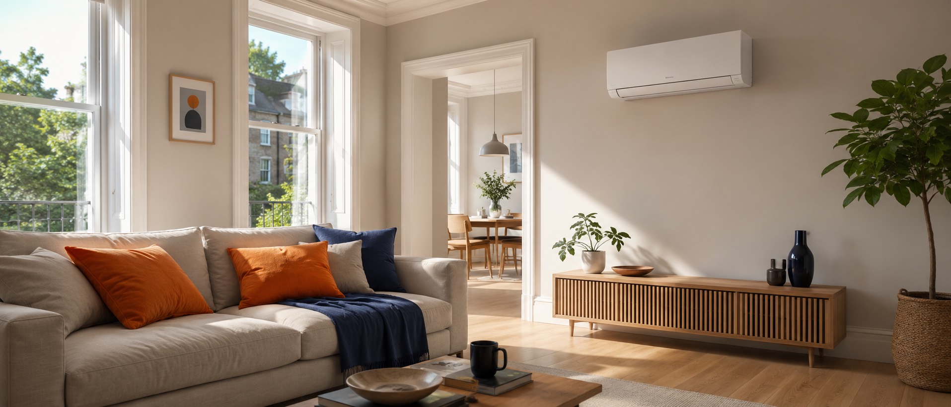 Modern living room with a wall-mounted air conditioning unit