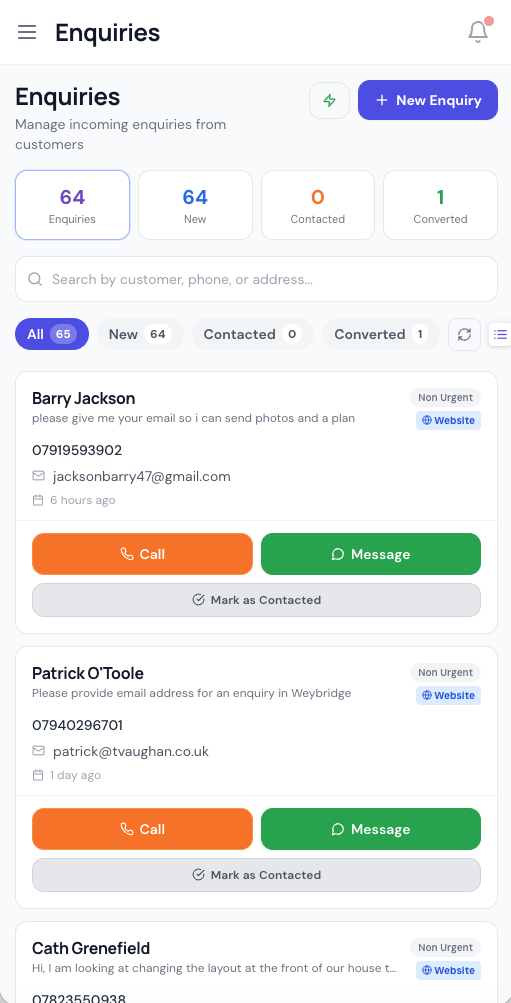 Enquiries on mobile