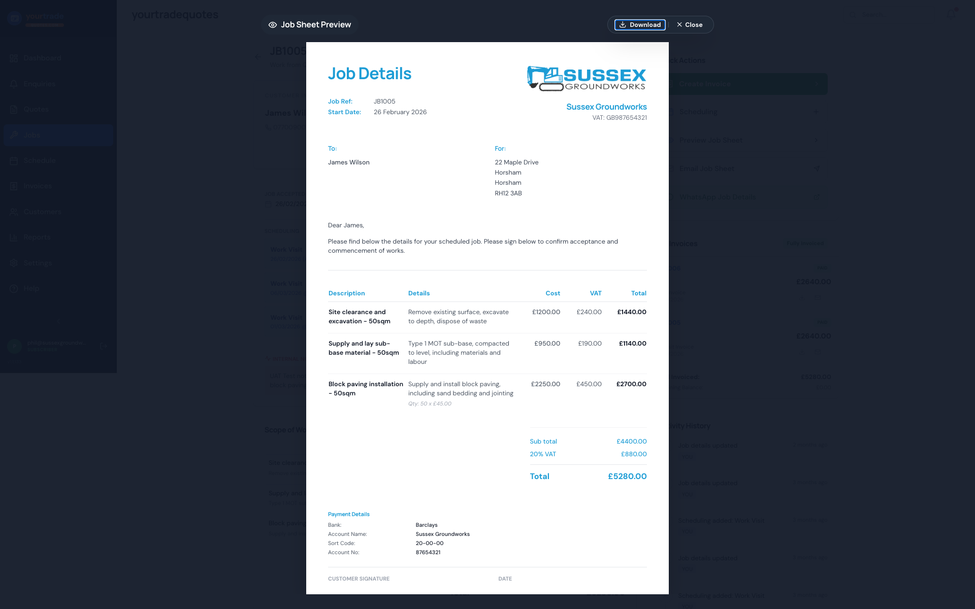 Professional job sheet document