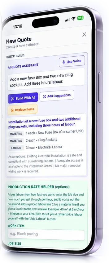 A new quote on a phone: the AI quote assistant turning a typed job description into material and labour lines
