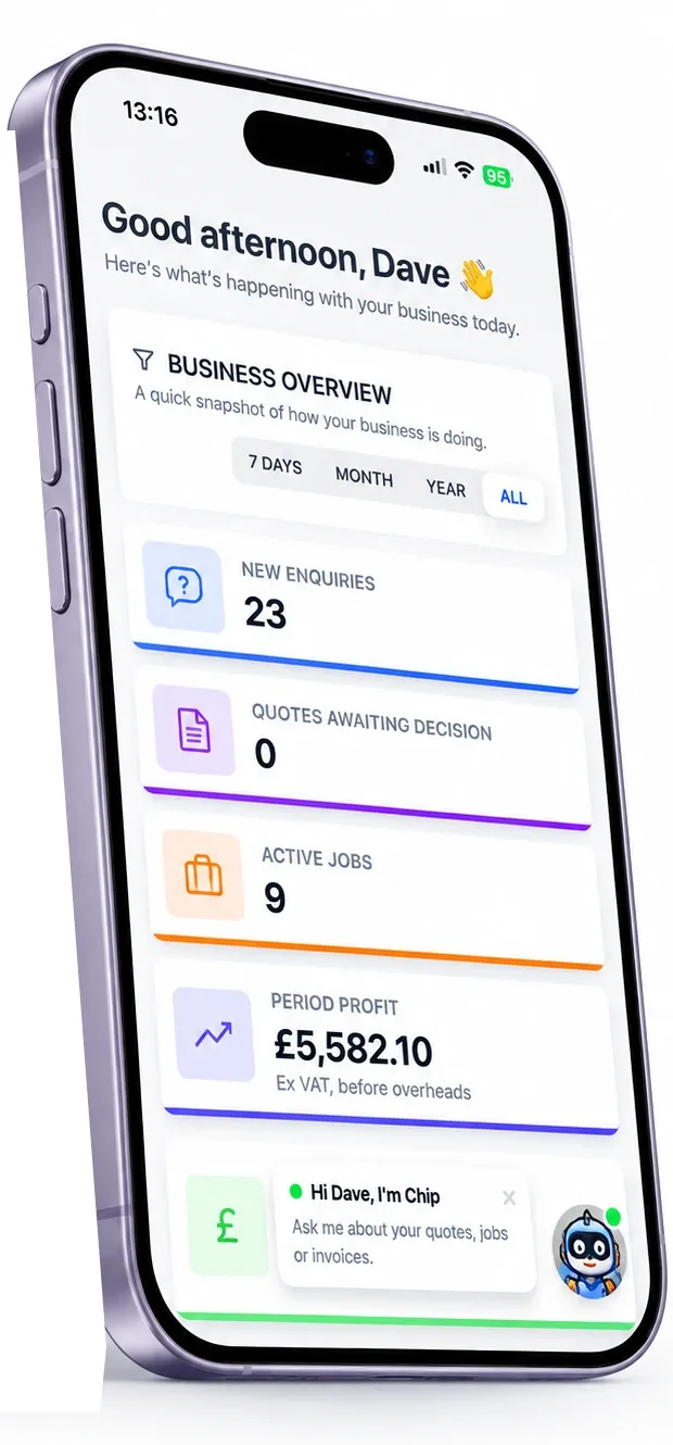 The YourTradeQuotes dashboard on a phone: business overview with new enquiries, quotes awaiting decision, active jobs and period profit