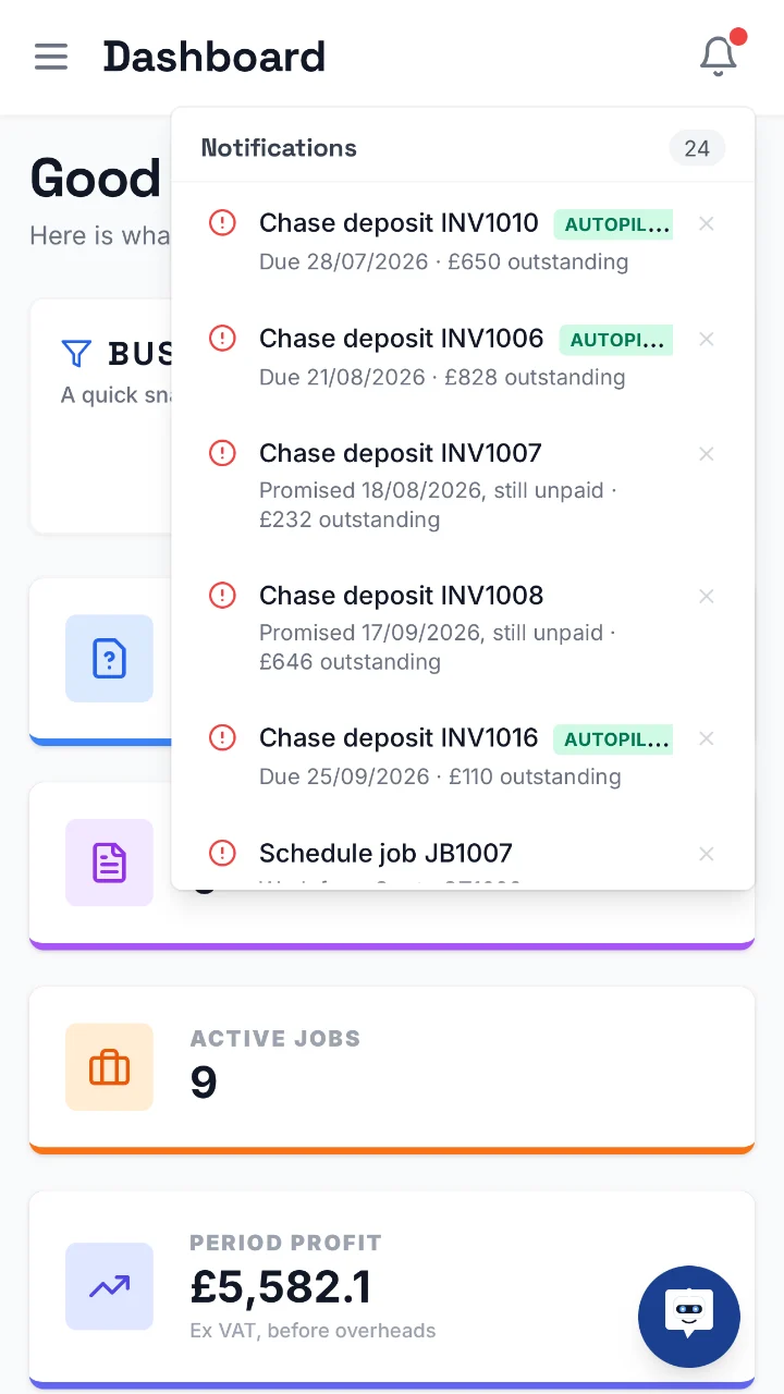Business To-Do on a phone, with deposit chases marked Autopilot