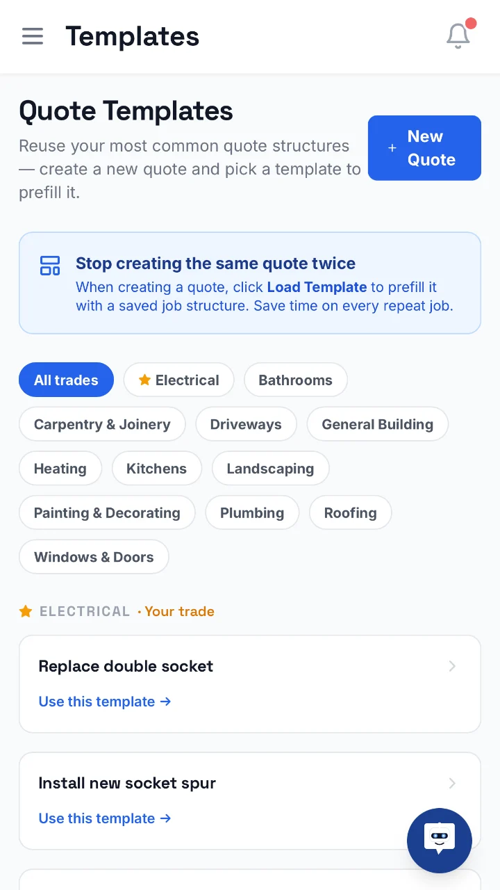 Quote templates on a phone, filtered to electrical